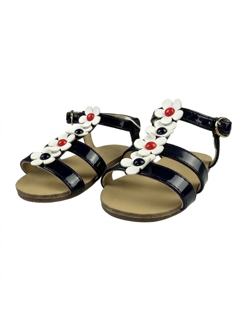 Janie and Jack Girls' Size 5 Black Patent Leather Sandals with White Floral Accs